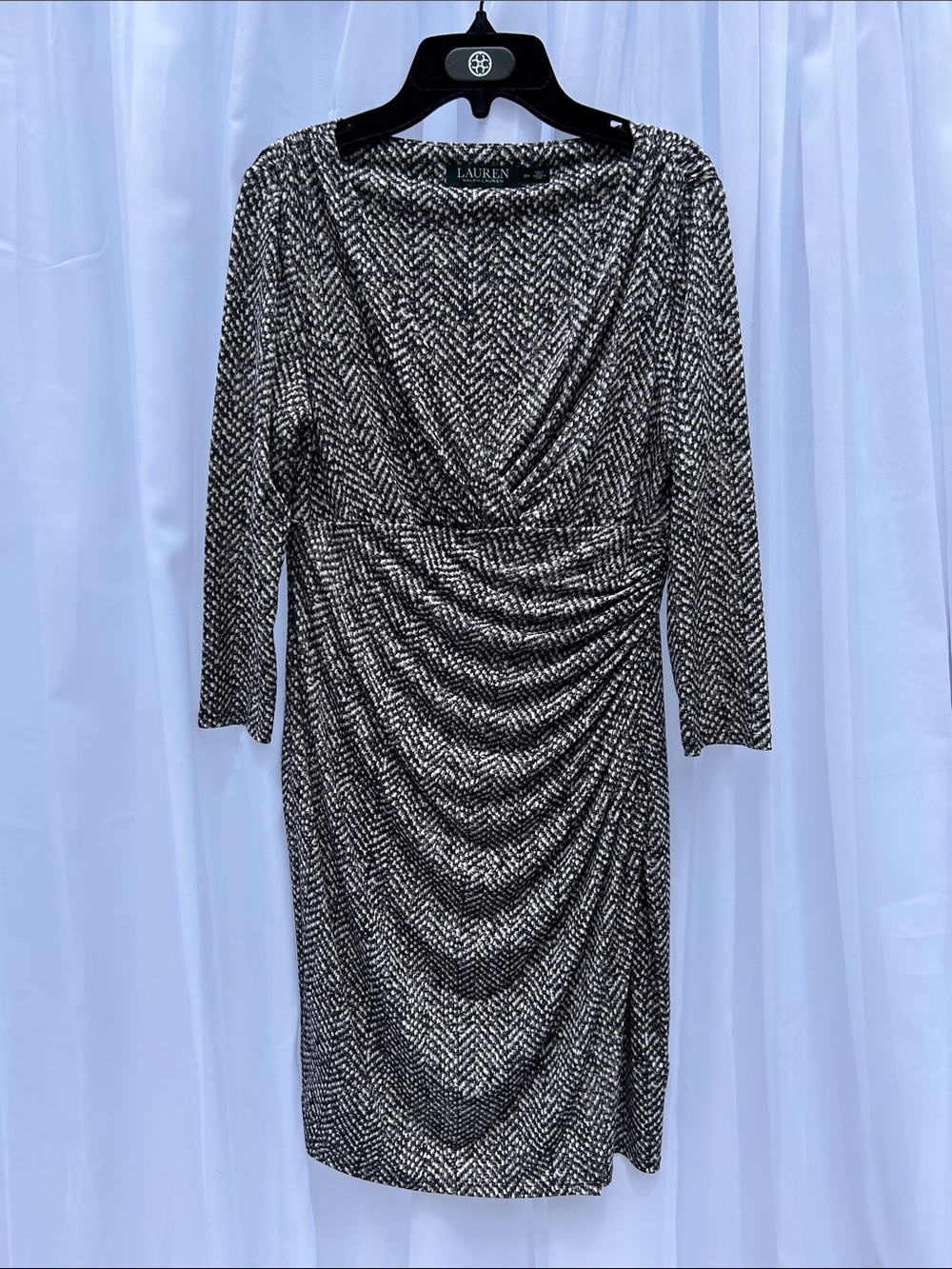 Lauren Ralph Lauren - Jersey Black and White Ruched V-Neck Midi Wrap Dress